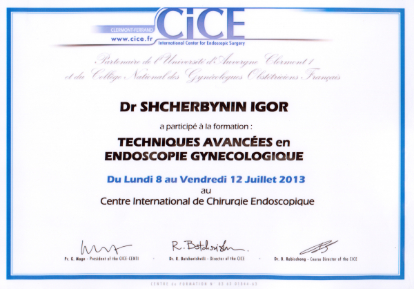 Сертификат прохождения курсов по передовым технологиям гинекологической эндоскопии, Клермон-Ферран, Франция, 2013